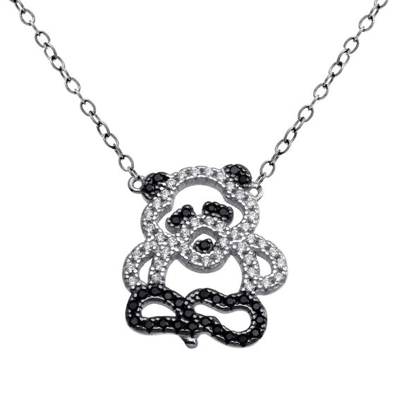 Rhodium Plated 925 Sterling Silver Black & Clear Outline CZ Panda Bear Necklace